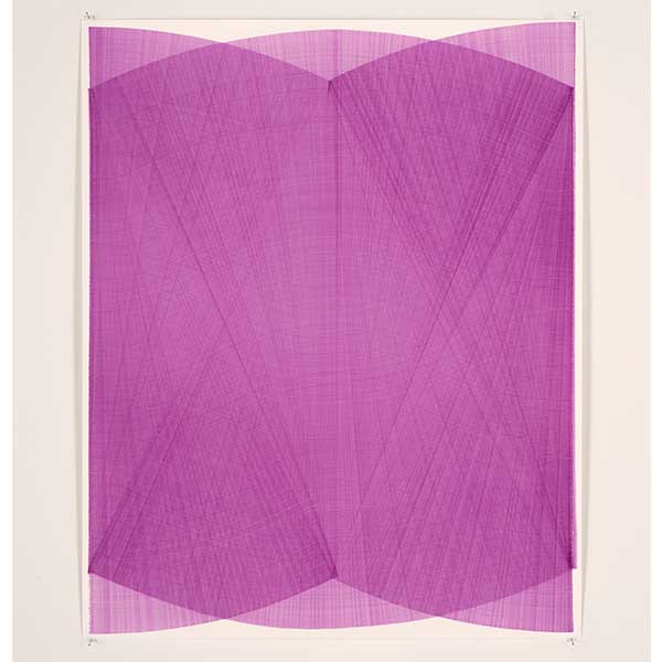 THOMAS TRUM<br/>Two Fan Shaped Lines Purple #2, 2020, Acrylic on paper, 104 x 84 cm