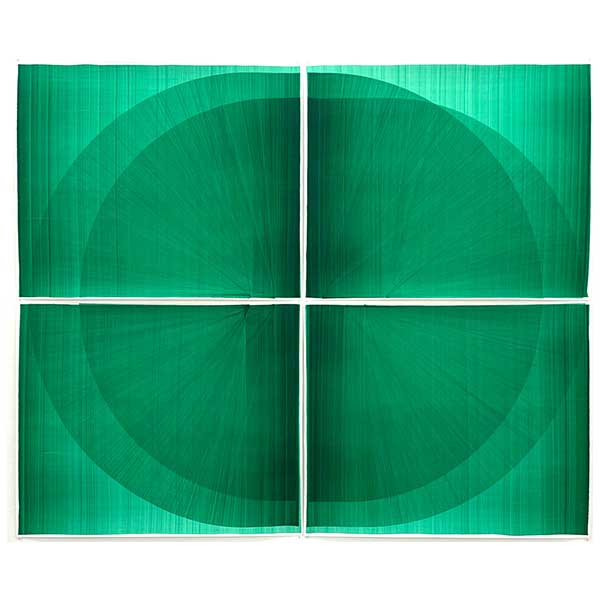 THOMAS TRUM<br />Three Green Lines #1, 2022, Acrylic on paper, 168 x 208 cm (4 parts)